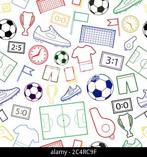 Seamless pattern of football symbols, colored on white Stock Vector