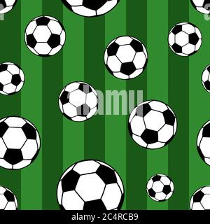Seamless pattern of big soccer balls on striped background in green colors Stock Vector