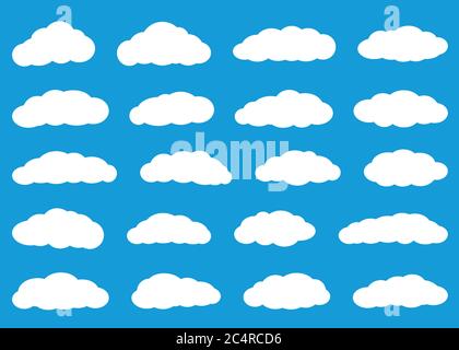 Set of white clouds in flat style on light blue background. Stock Vector