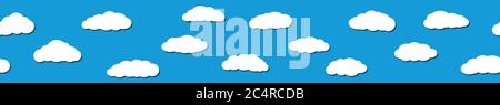 Seamless horizontal banner of white clouds with shadows in flat style on light blue background. Stock Vector