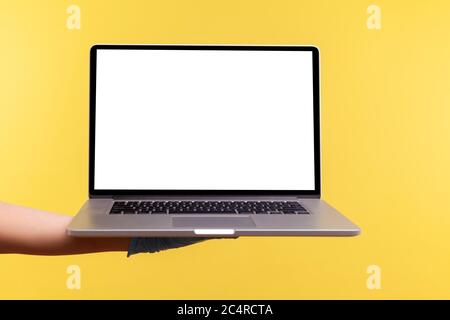 Profile side view closeup of human hand in blue surgical gloves holding computer laptop and showing empty copy space on monitor screen. indoor, studio Stock Photo