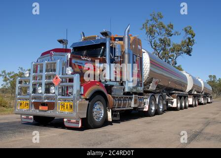 Road train parked at the roadside in the outback, Queensland, Australia Stock Photo