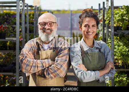 Waist up portrait of smiling bearded farmer with young female worker looking at camera and smiling happily while standing in greenhouse at plantation Stock Photo