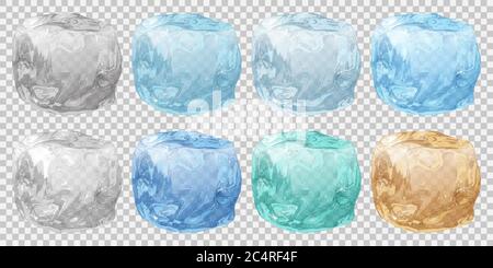 Set of realistic translucent ice cubes in various colors on transparent background Stock Vector