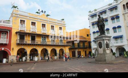 Cartagena de Indias, Bolivar / Colombia - April 8 2016: Activity in Plaza de los Coches in the historical center. Cartagena's colonial walled city was Stock Photo
