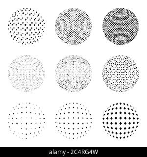 Set of Halftone distorted elements isolated on the white background.Collection of halftone effect dot patterns.Sphere illustration.Abstract business s Stock Vector