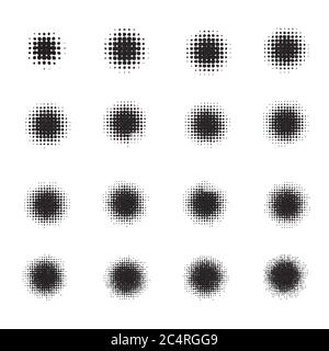 Set of Halftone circles isolated on  white background.Collection of halftone  effect dot patterns.Vector illustration. Stock Vector