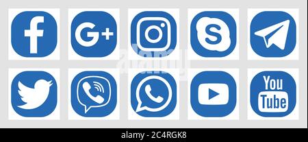 VORONEZH, RUSSIA - JANUARY 16, 2020: Set of flat square social media icons in blue colors. Facebook, Twitter, Instagram, YouTube, Skype, Telegram and Stock Vector