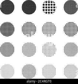Set of Halftone circles isolated on white background.Collection of halftone effect dot patterns. Stock Vector