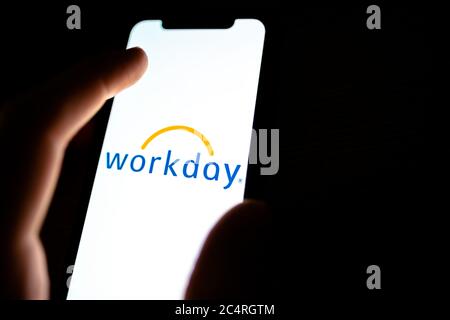 Workday logo on smartphone screen.  Stock Photo
