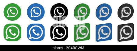 VORONEZH, RUSSIA - JANUARY 16, 2020: Set of WhatsApp logo round and square, flat and isometric icons in green, blue and black colors Stock Vector