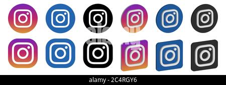 VORONEZH, RUSSIA - JANUARY 16, 2020: Set of Instagram logo round and square, flat and isometric icons in orange, blue and black colors Stock Vector