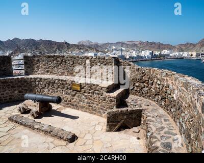 View of the harbor from the fort in Muttrah, Muscat, Sultanate of Oman. Stock Photo