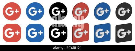 VORONEZH, RUSSIA - JANUARY 16, 2020: Set of Google Plus logo round and square, flat and isometric icons in orange, blue and black colors Stock Vector