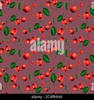 seamless red juicy cherry pattern on red background Stock Photo