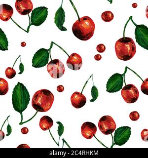seamless red juicy cherry pattern on white background Stock Photo