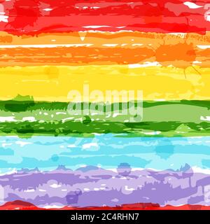 Abstract watercolor rainbow stripes vector seamless pattern. Fashion textile print in bright line strokes. Art ink grunge texture background. Trendy f Stock Vector