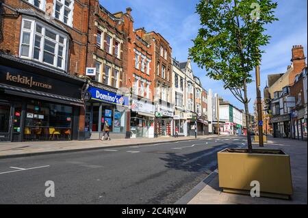 Bromley (London) in Kent, UK. The northern end of Bromley High Street showing shops, restaurants and Bromley Picturehouse.  Few people and no traffic. Stock Photo