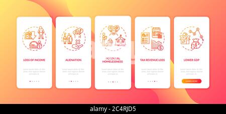 Consequences of unemployment onboarding mobile app page screen with concepts Stock Vector