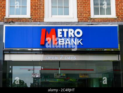 Bromley (Greater London), Kent, UK. Metro Bank branch in Bromley High Street. Shows the Metro Bank name and logo on a sign over the branch entrance. Stock Photo