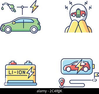 Electric vehicles travel RGB color icons set Stock Vector