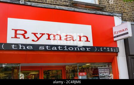 Bromley (Greater London), Kent, UK. Ryman the stationer store in Bromley High Street. Shows the Ryman name and logo on a sign over the shop entrance. Stock Photo