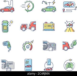 Electric car RGB color icons set Stock Vector