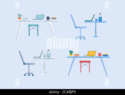 Working desktop semi flat RGB color vector illustrations set Stock Vector