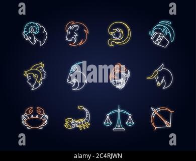 Zodiac signs neon light icons set Stock Vector