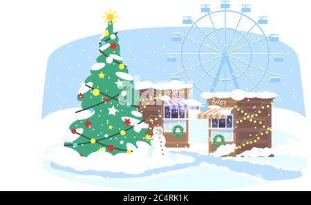 Xmas market semi flat RGB color vector illustration Stock Vector