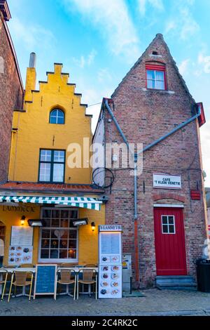 Bruges, Belgium 02/29/2020. Hotel and Restaurand with colorful facade. Stock Photo