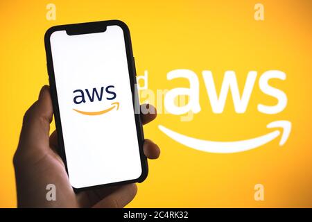 Amazon Web Services logo on the smartphone screen. Stock Photo