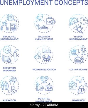 Unemployment type blue gradient concept icons set Stock Vector