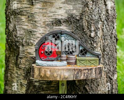 Imaginary quirky miniature cottage on tree in fairy trail, Archerfield Estate, East Lothian, Scotland, UK Stock Photo