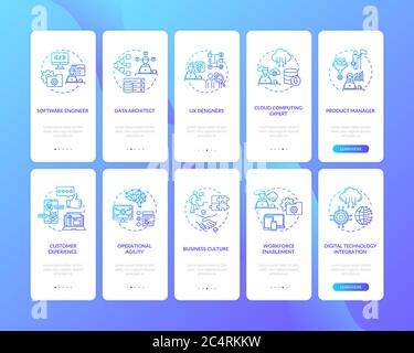 Technology implementation onboarding mobile app page screen with concepts Stock Vector