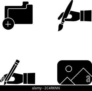 Artist work elements black glyph icons set on white space Stock Vector
