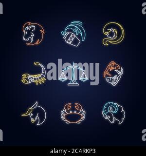 Astrology signs neon light icons set Stock Vector
