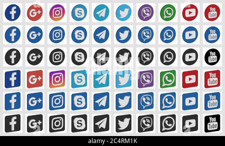 VORONEZH, RUSSIA - APRIL 8, 2020: Set of round and square isometric social media icons in standart and black colors. Facebook, Twitter, Instagram, You Stock Vector