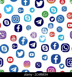 VORONEZH, RUSSIA - APRIL 8, 2020: Seamless pattern of various flat social media icons in standart and black colors. Facebook, Twitter, Instagram, YouT Stock Vector