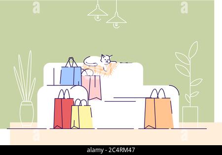 Shopping bags on couch semi flat vector illustration Stock Vector