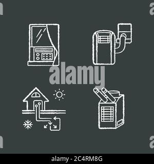 Home conditioning chalk white icons set on black background Stock Vector