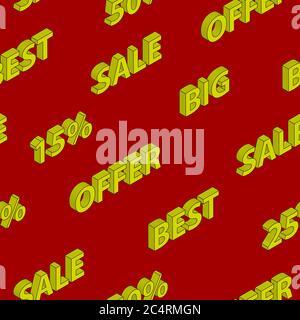 Seamless pattern on sales and discounts with isometric inscriptions, yellow on red background Stock Vector