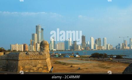 Cartagena de Indias, Bolivar / Colombia - April 9 2016: View of walled city overlooking the Caribbean Sea. Cartagena's colonial walled city and fortre Stock Photo