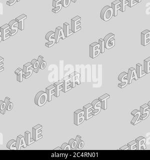 Seamless pattern on sales and discounts with isometric inscriptions, in gray colors Stock Vector