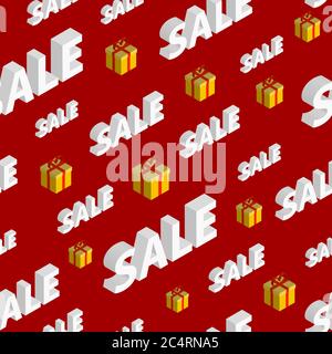 Seamless pattern on sales and discounts with isometric inscriptions and gift boxes, on red background Stock Vector