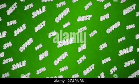 Sale and discount background with isometric inscriptions, white on green Stock Vector