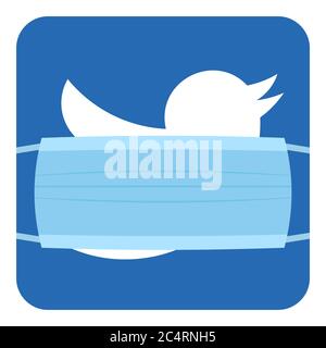 VORONEZH, RUSSIA - APRIL 14, 2020: Twitter logo square icon in blue color in medical disposable mask for protection from coronavirus Stock Vector