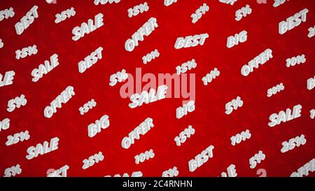 Sale and discount background with isometric inscriptions, white on red Stock Vector