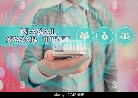 Writing note showing Nasal Swab Test. Business concept for diagnosing an upper respiratory tract infection through nasal secretion System administrato Stock Photo