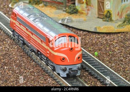 Perfect model of the diesel locomotive. Train hobby model on the model railway Stock Photo